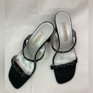 Ann Marino black satin kitten-heel strappy pumps with platinum/black beading